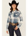 Image #1 - Wrangler Retro Women's Buffalo Plaid Print Long Sleeve Pearl Snap Flannel Shirt, Blue, hi-res