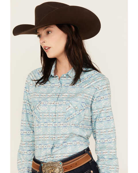 Image #2 - Rough Stock Women's Southwestern Print Long Sleeve Pearl Snap Stretch Western Shirt , Turquoise, hi-res