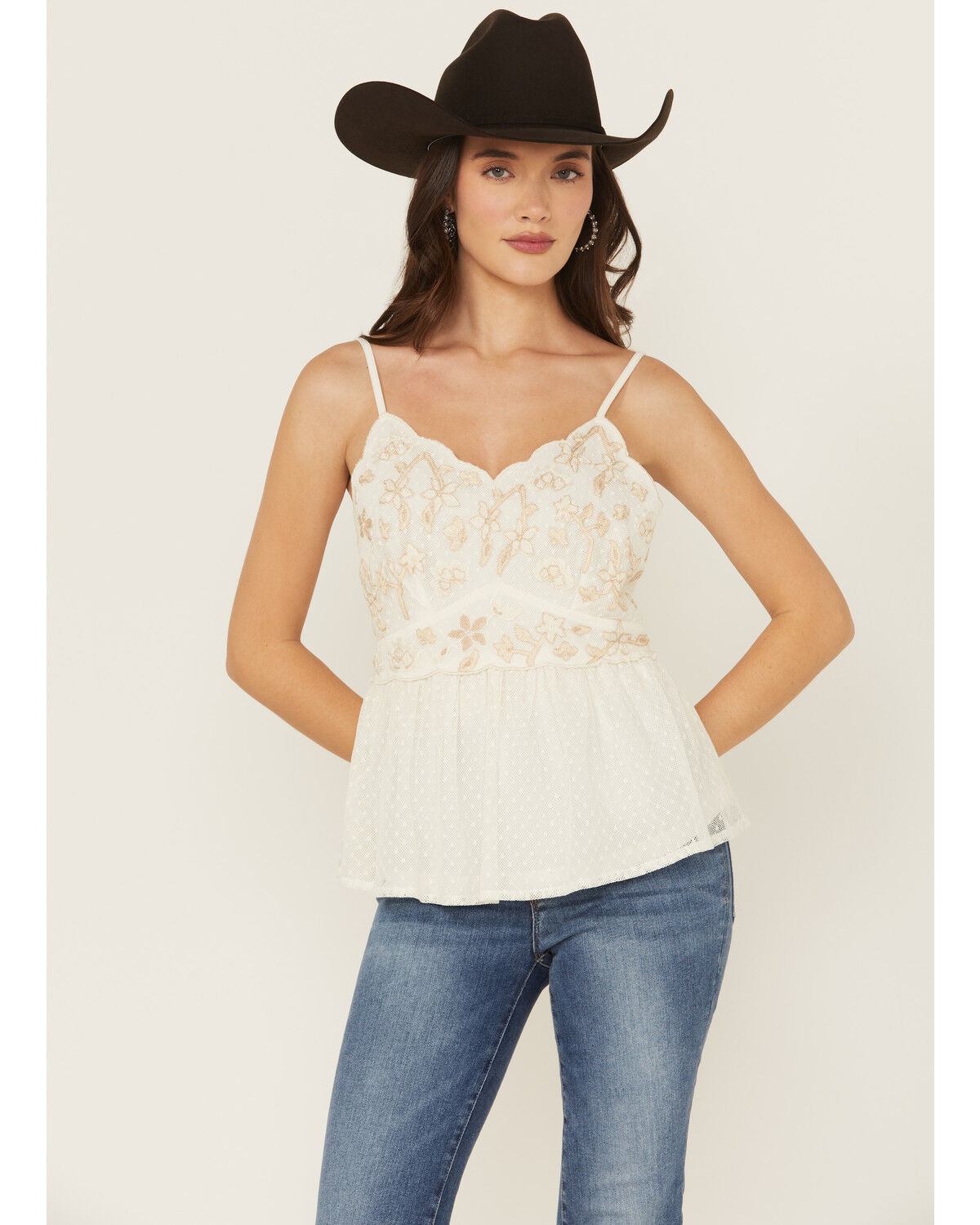 Image #1 - Shyanne Women's Swiss Dot Embroidered Mesh Cami, Ivory, hi-res
