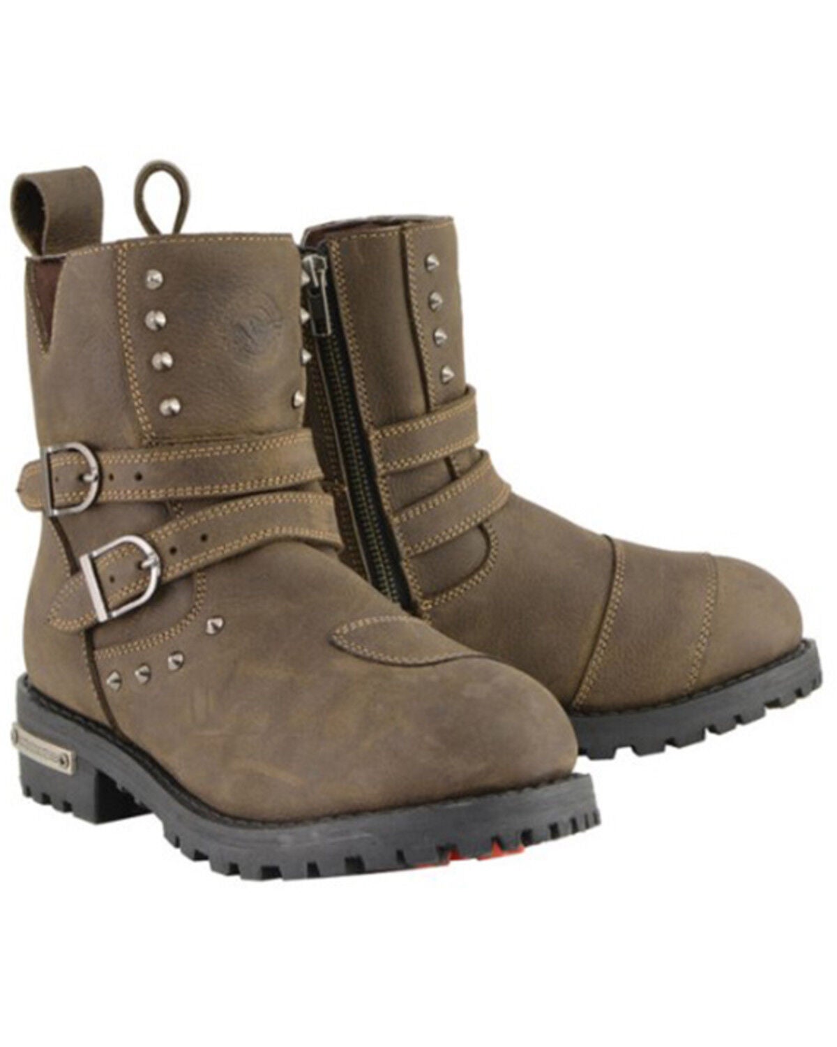 Milwaukee Leather Women's Double Strap Waterproof Studded Boots - Round Toe, Brown, hi-res