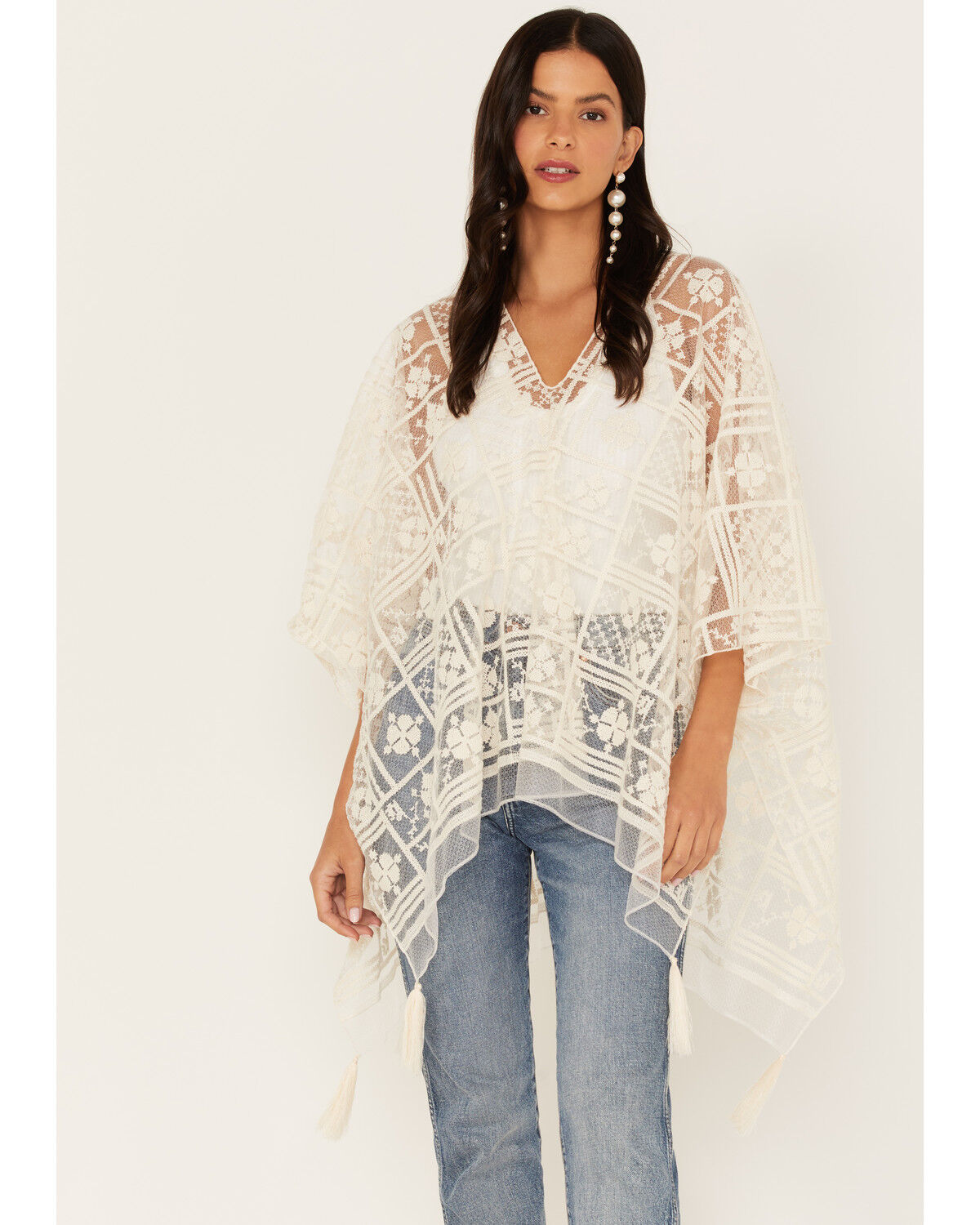Image #2 - Shyanne Women's Lace Tassel Poncho, Ivory, hi-res