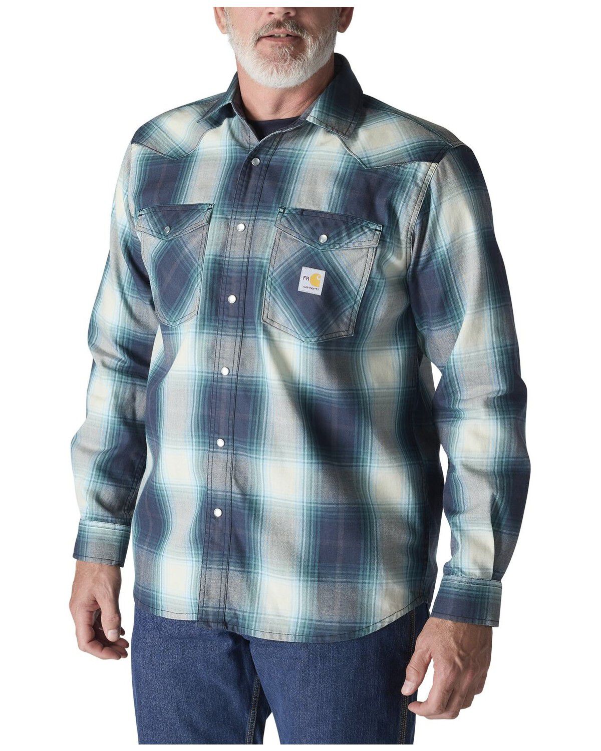 Image #1 - Carhartt Men's FR Montana Plaid Print Relaxed Fit Midweight Twill Long Sleeve Snap Work Shirt, Navy, hi-res