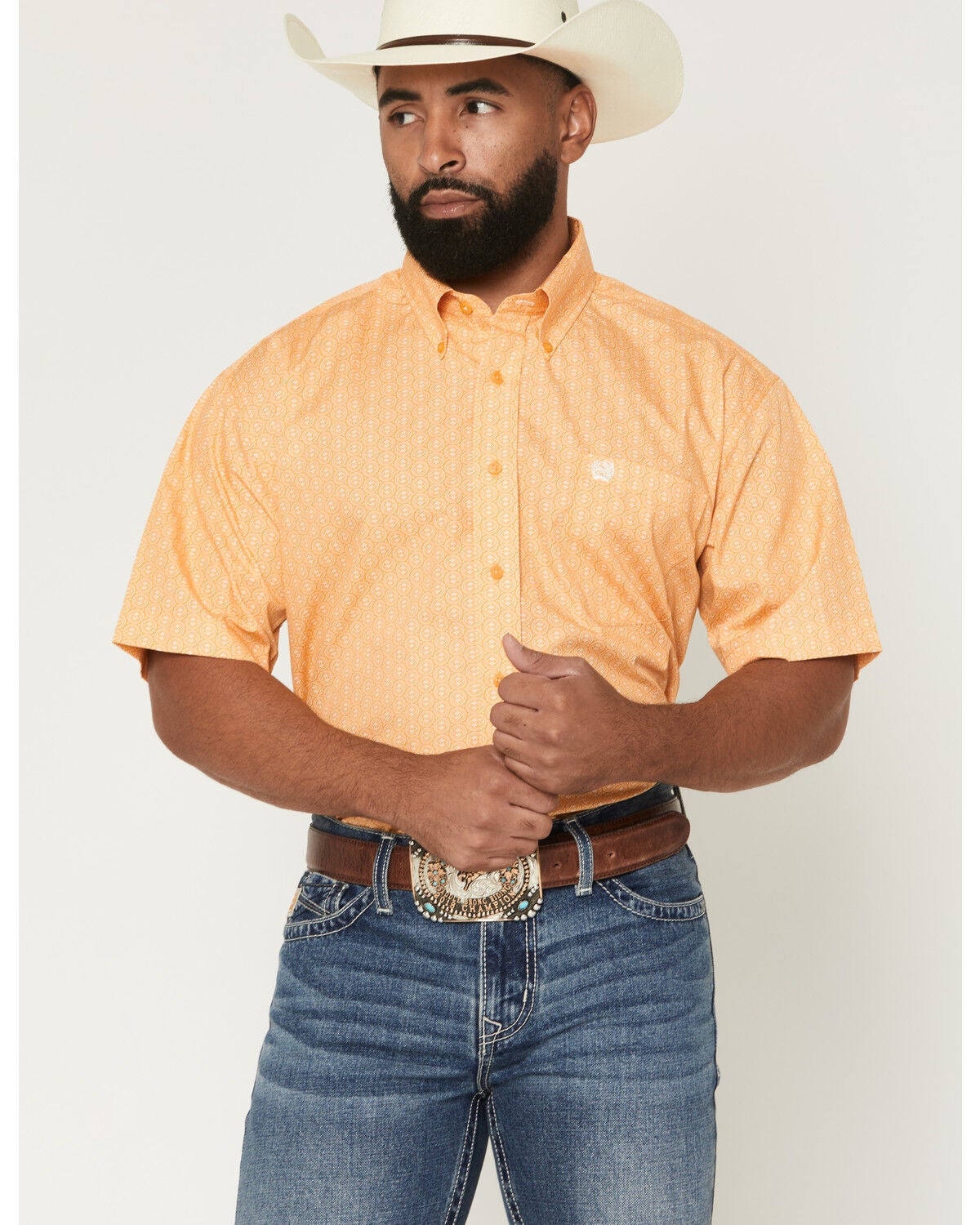 Image #1 - Cinch Men's Boot Barn Exclusive Geo Print Short Sleeve Button-Down Western Shirt, Gold, hi-res