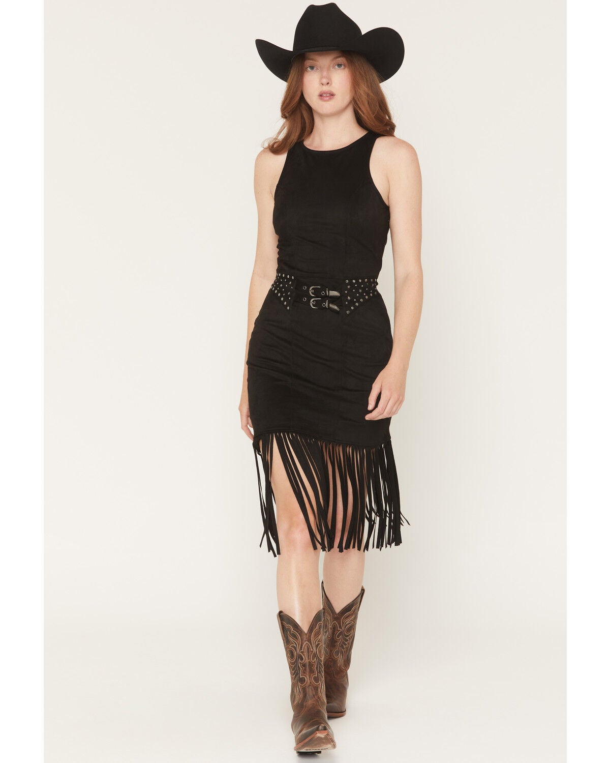 Image #1 - Rock & Roll Denim Women's Faux Suede Fringe Belted Sleeveless Midi Dress, Black, hi-res