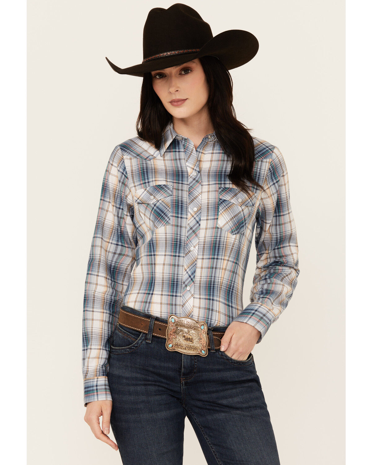 Image #1 - Roper Women's Plaid Print Long Sleeve Snap Western Shirt, Blue, hi-res