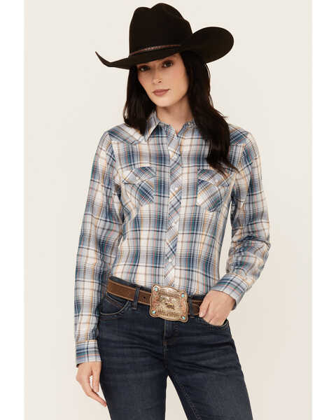 Image #1 - Roper Women's Plaid Print Long Sleeve Snap Western Shirt , Blue, hi-res
