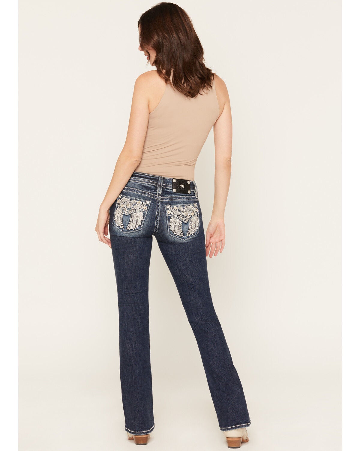 Miss Me Women's Dark Wash Mid Rise Winged Pocket 32" Bootcut Stretch Denim Jeans, Dark Wash, hi-res