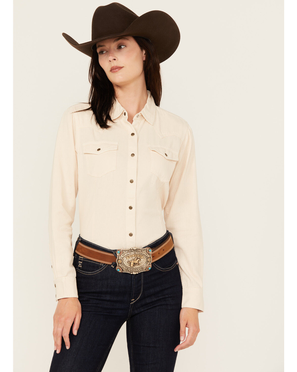 Image #1 - Ariat Women's Jurlington Solid Long Sleeve Snap Western Shirt, Cream, hi-res