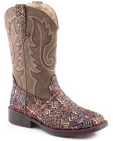 Image #1 - Roper Little Girls' Glitter Southwestern Western Boots - Square Toe, Brown, hi-res