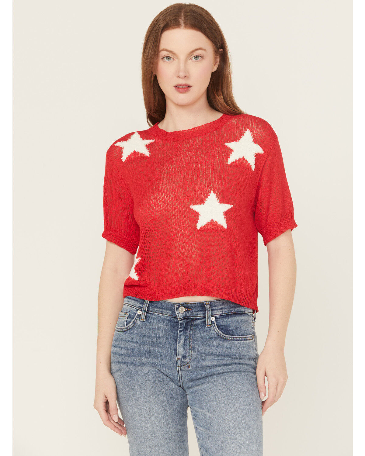 Image #1 - Rock & Roll Denim Women's Star Short Sleeve Sweater Tee, Red, hi-res
