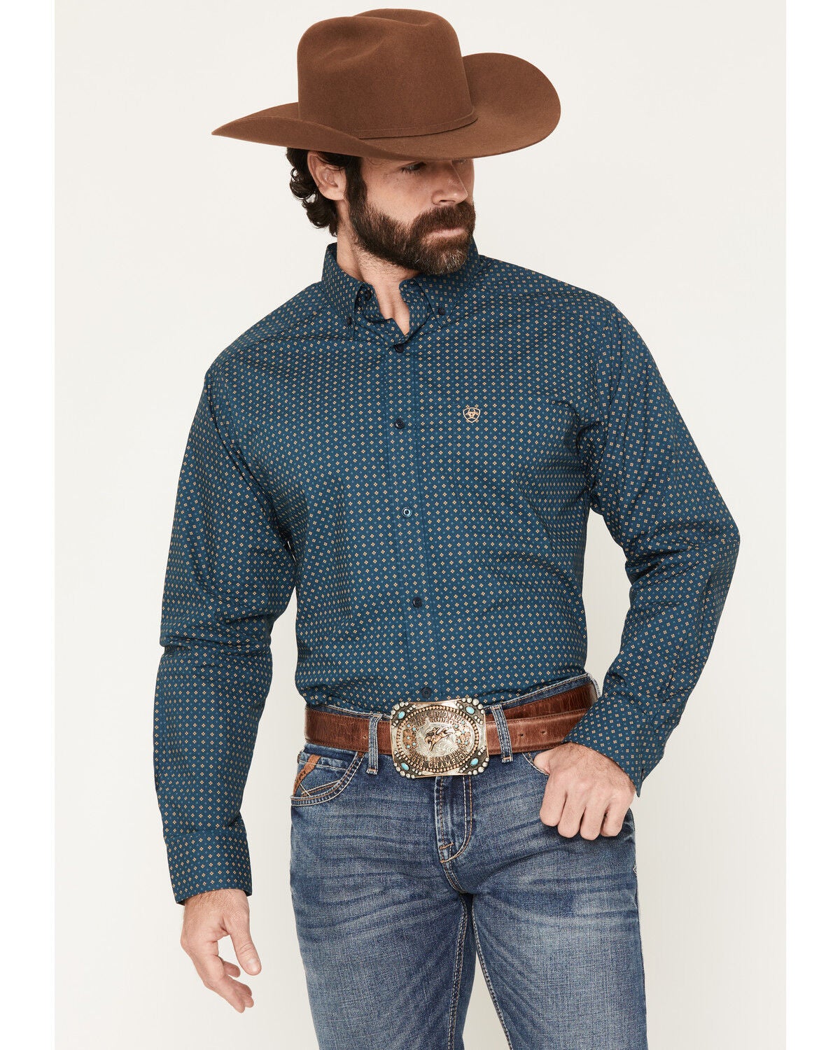 Ariat Men's Lovato Geo Print Long Sleeve Button-Down Western Shirt - Tall, Teal, hi-res