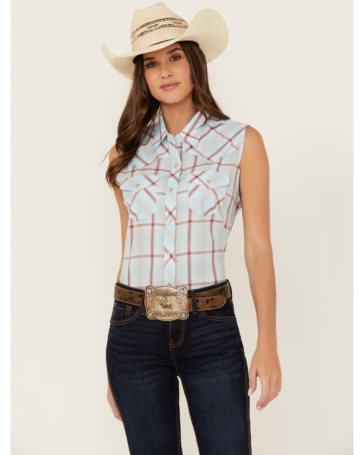Image #1 - Ely Walker Women's Plaid Print Sleeveless Pearl Snap Western Shirt, Aqua, hi-res