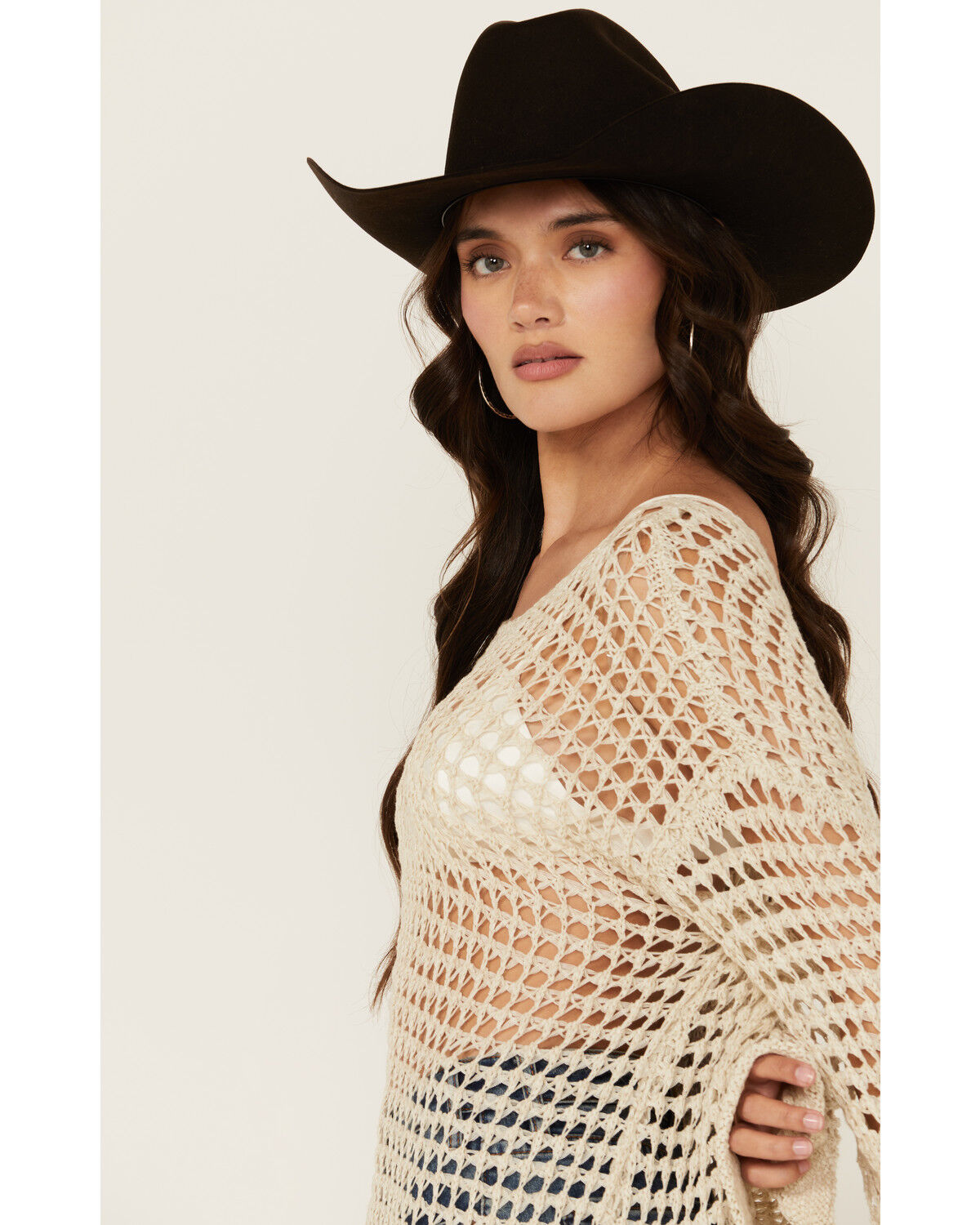 Image #2 - POL Women's Open Crochet Long Sleeve Sweater, Natural, hi-res