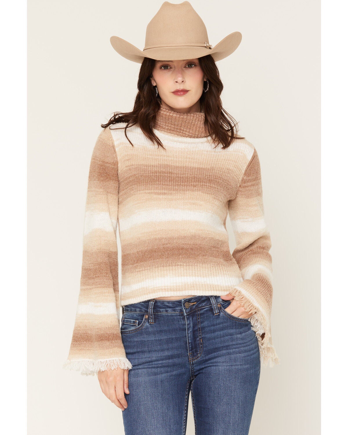 Shyanne Women's Webster Striped Turtleneck Bell Sleeve Sweater, Khaki, hi-res