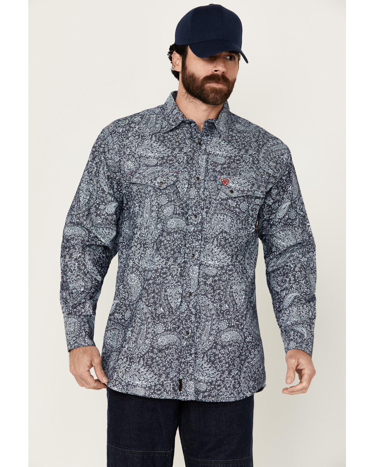 Image #1 - Ariat Men's FR Pacific Long Sleeve Snap Work Shirt, Navy, hi-res