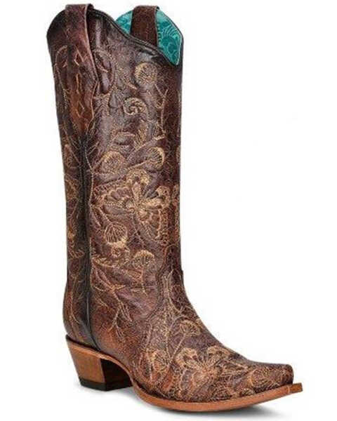 Corral Women's Floral & Butterfly Embroidered Burnished Tall Western Boots - Snip Toe, Chocolate, hi-res