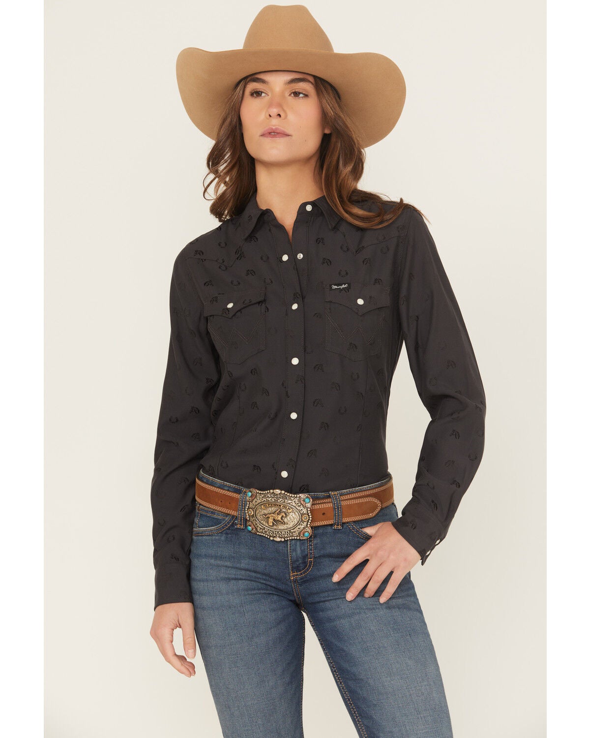 Image #1 - Wrangler Retro Women's Horseshoe Print Long Sleeve Snap Western Shirt, Black, hi-res
