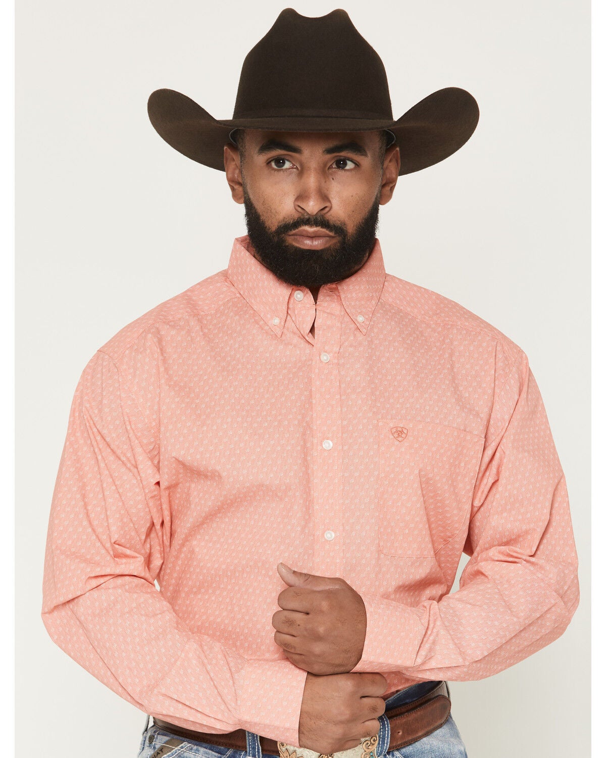 Image #1 - Ariat Men's Jerry Speckled Print Long Sleeve Button-Down Western Shirt, Coral, hi-res