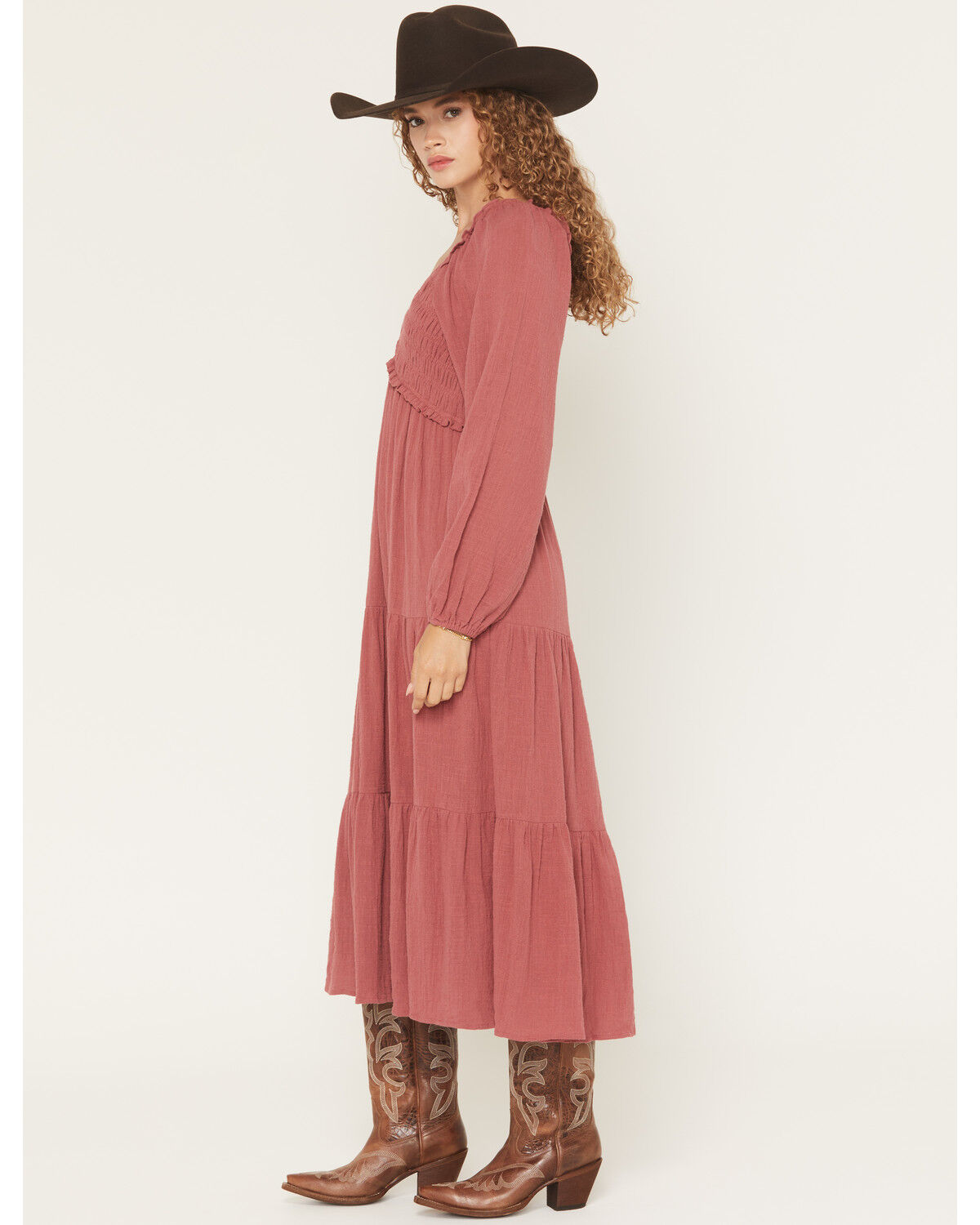 Image #2 - Yura Women's Long Sleeve Smocked Tiered Midi Dress, Rose, hi-res
