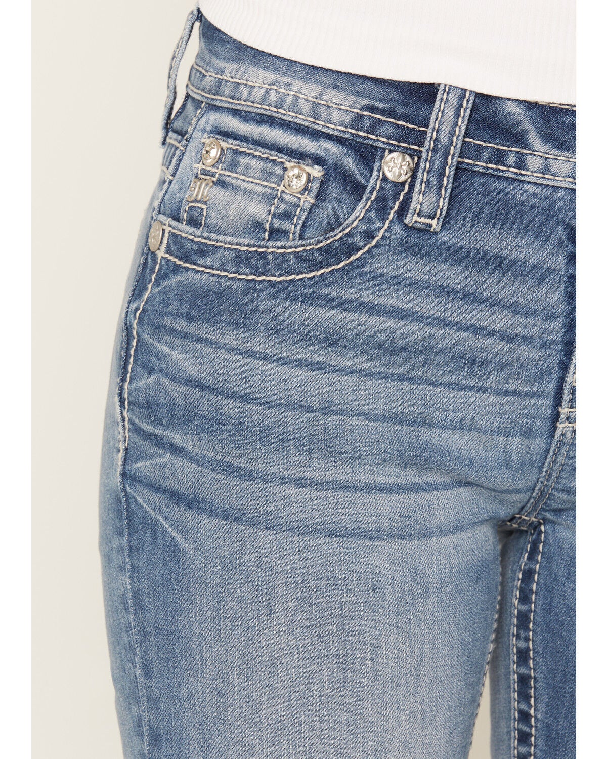 Image #4 - Miss Me Women's Medium Wash Mid Rise Faux Flap Pocket Bootcut Stretch Denim Jeans, Medium Wash, hi-res