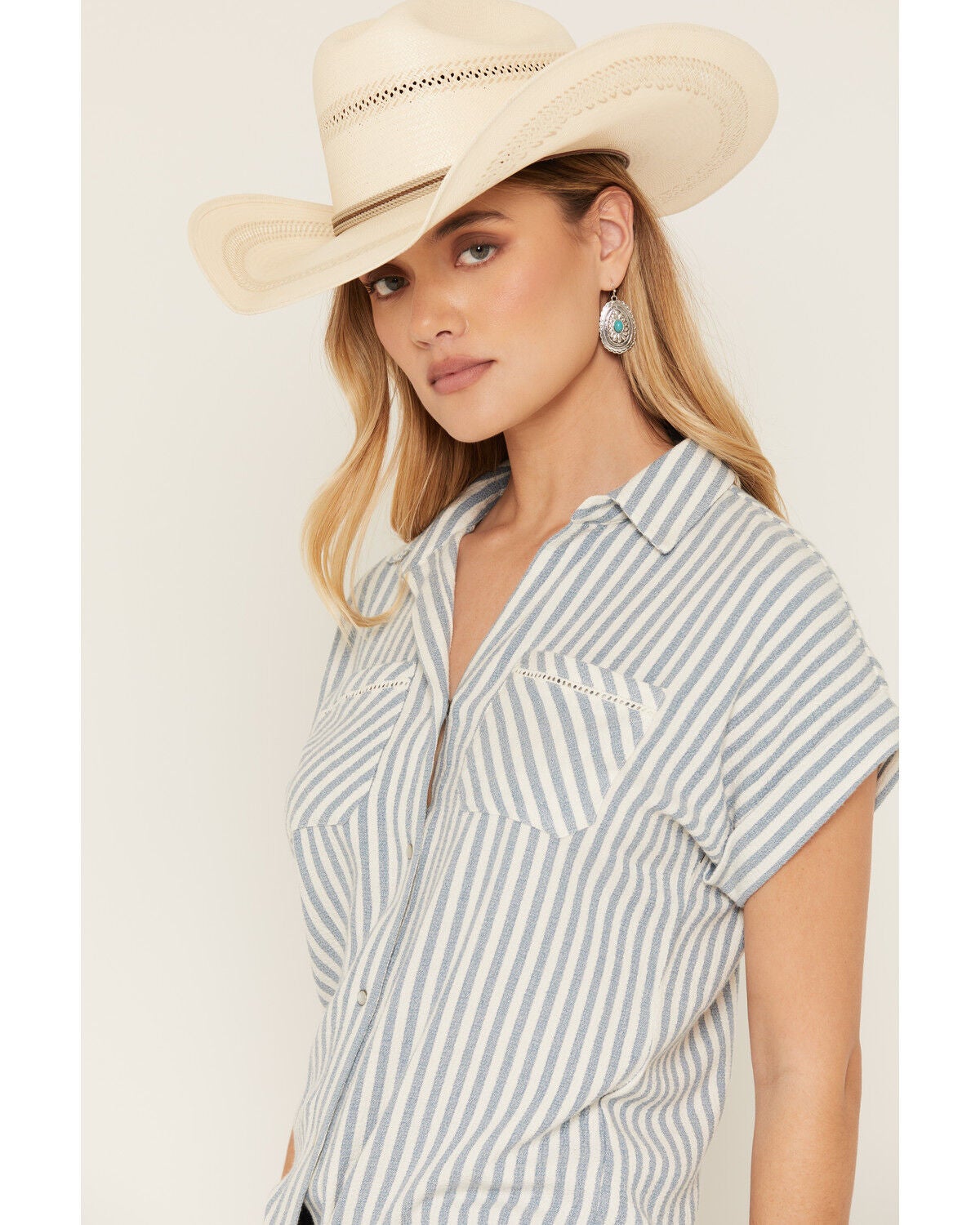 Image #2 - Shyanne Women's Featherlight Striped Short Sleeve Pearl Snap Woven Western Shirt, Light Blue, hi-res