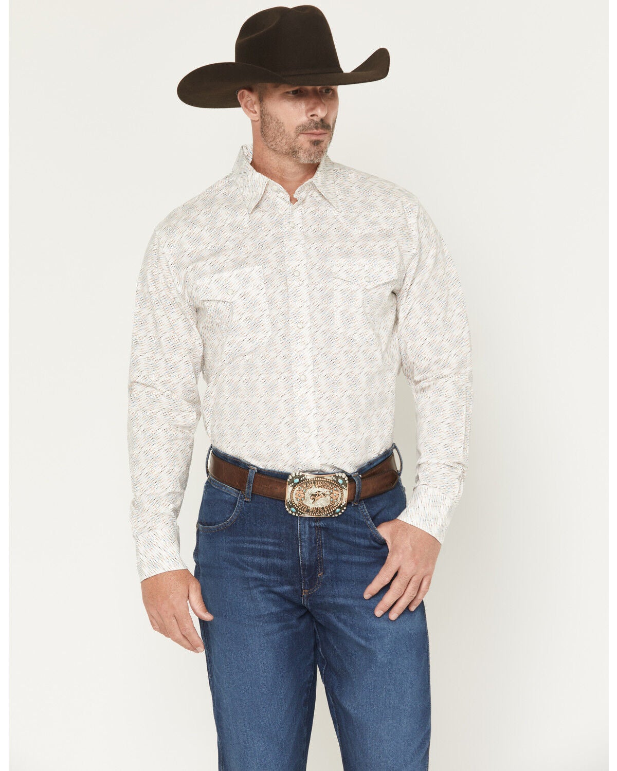 Wrangler 20X Men's Geo Print Long Sleeve Snap Stretch Western Shirt, White, hi-res