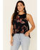 Image #1 - Patrons Of Peace Women's Floral Print Ruffle Trim Tank Top , Black, hi-res