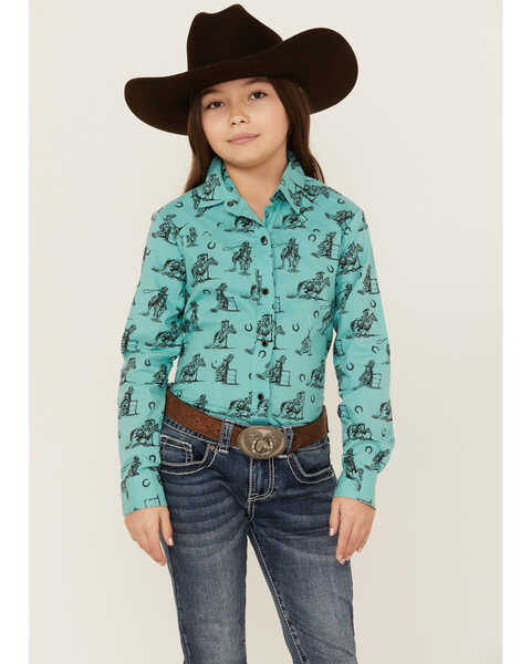 Image #1 - Cruel Girl Girls' Conversation Print Long Sleeve Button-Down Western Shirt, Turquoise, hi-res