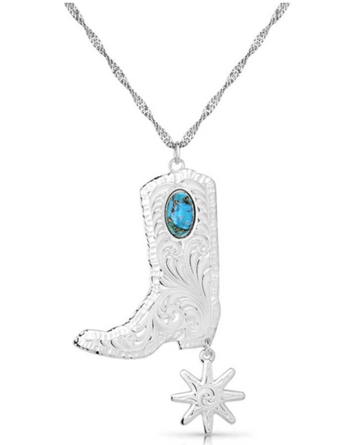 Image #1 - Montana Silversmiths Women's Chiseled Boots & Spurs Turquoise Necklace, Silver, hi-res