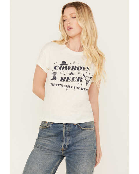 Image #1 - White Crow Women's Cowboys and Beer Short Sleeve Graphic Tee, White, hi-res