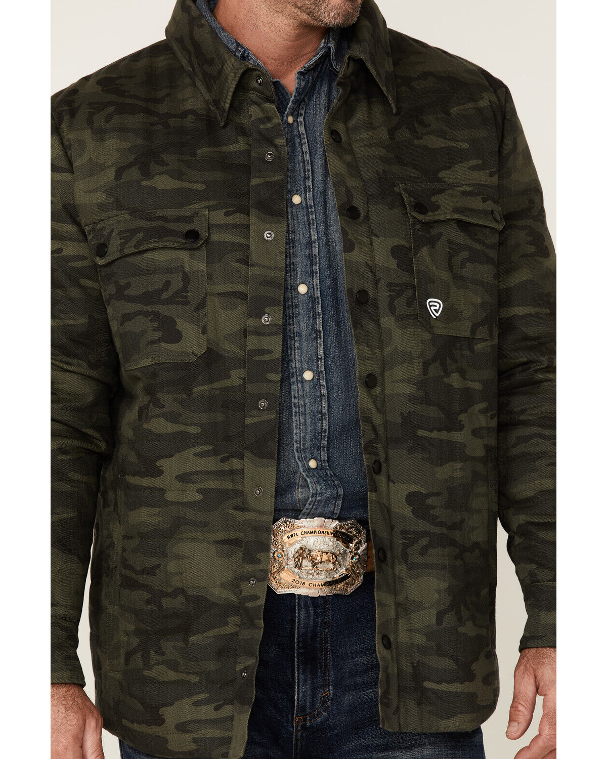 Image #3 - Rock & Roll Denim Men's Camo Print Twill Puffer Snap-Down Shirt Jacket, Olive, hi-res