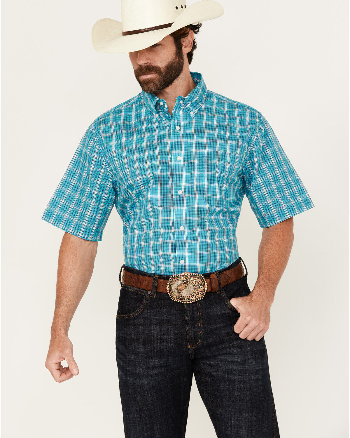 Image #1 - Wrangler Riata Men's Boot Barn Exclusive Assorted Plaid Print Short Sleeve Button-Down Stretch Western Shirt, Multi, hi-res