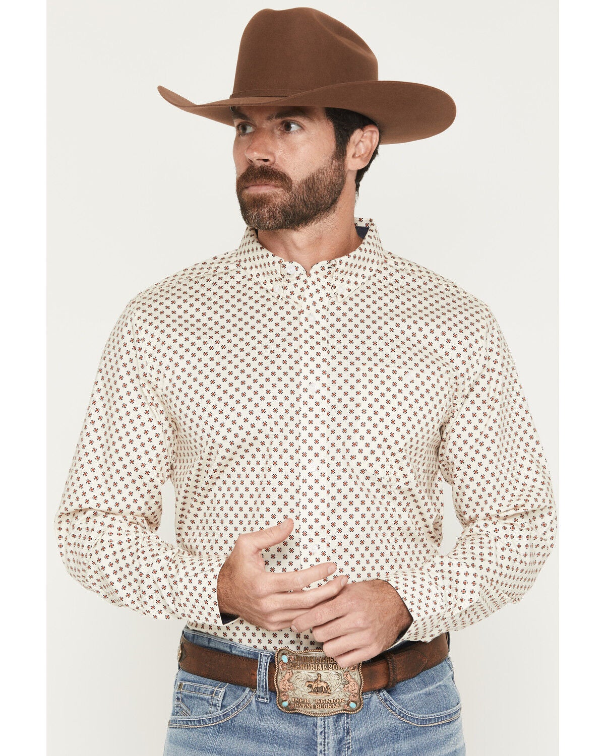 Image #1 - RANK 45&reg; Men's Cowboy Trail Geo Print Long Sleeve Button-Down Stretch Western Shirt, Cream, hi-res