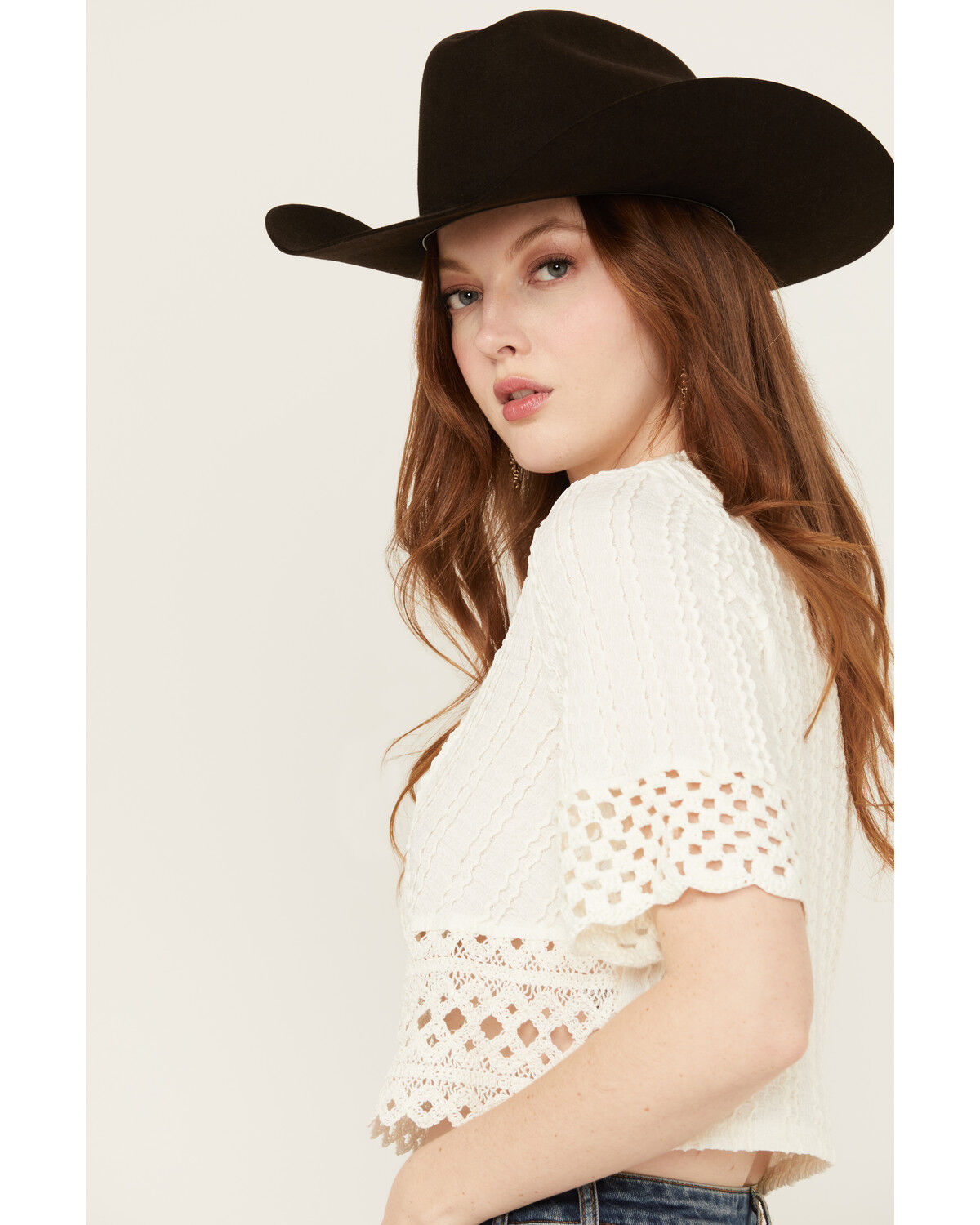 Image #3 - Miss Me Women's Crochet Hem Short Sleeve Blouse, White, hi-res