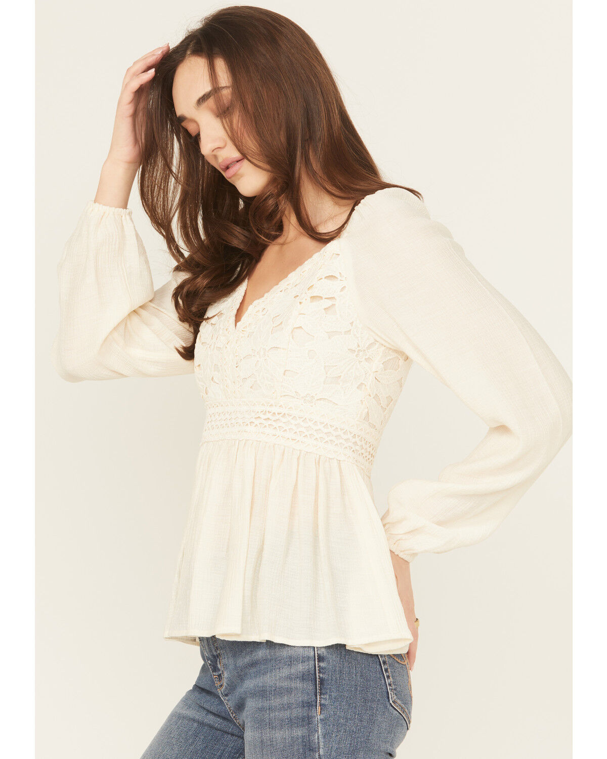 Image #2 - Shyanne Women's Crochet Lace Long Sleeve Crinkle Top, Cream, hi-res