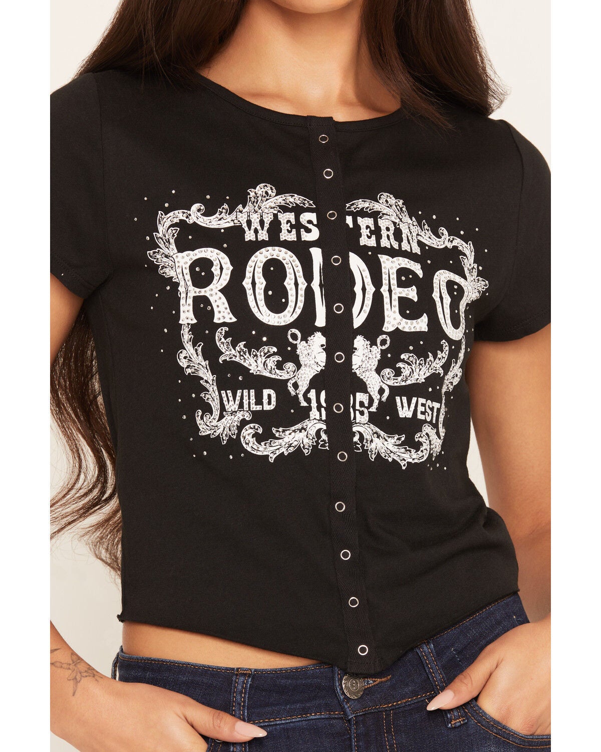 Image #3 - Blended Women's Rodeo Rhinestone Short Sleeve Snap Tee, Black, hi-res