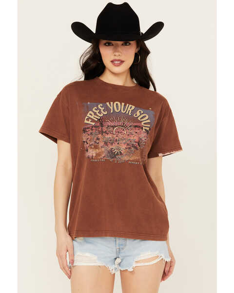 Image #1 - Cleo + Wolf Women's Free Your Soul Short Sleeve Cropped Graphic Tee, Chocolate, hi-res
