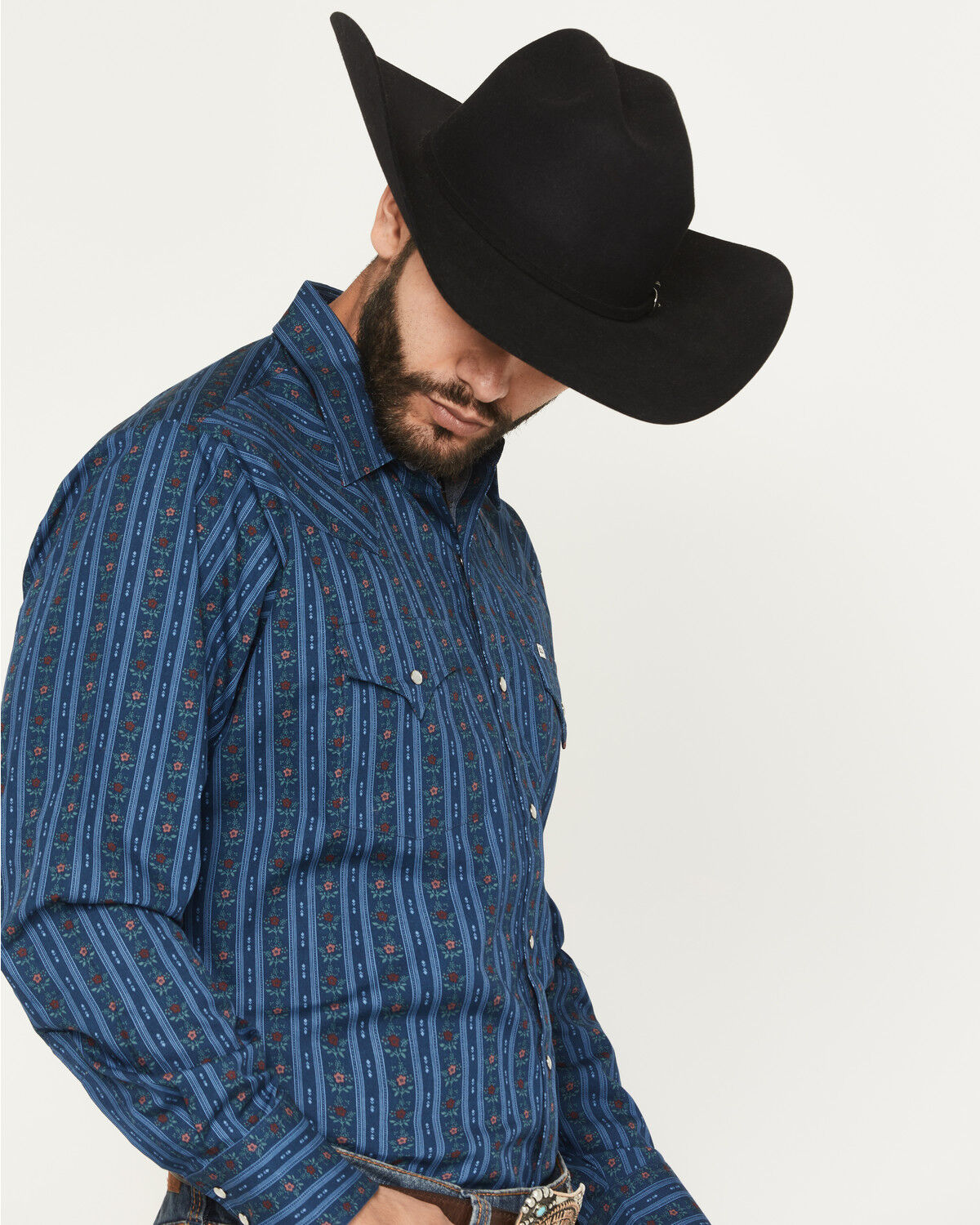 Image #2 - Ely Walker Men's Wallpaper Floral Stripe Print Long Sleeve Snap Western Shirt, Navy, hi-res