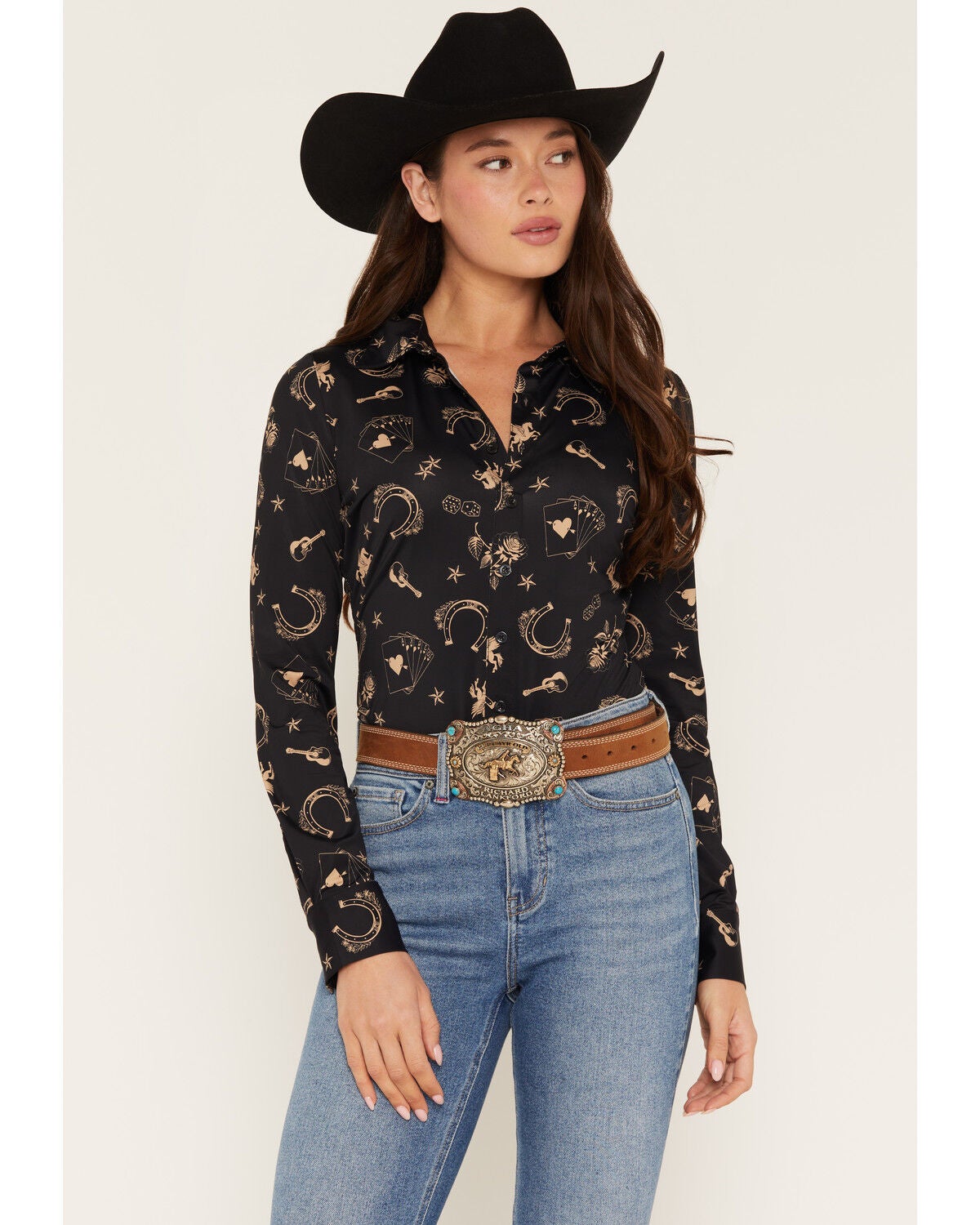 Image #1 - Idyllwind Women's Western Conversation Print Long Sleeve Pullover Stretch Western Shirt, Black, hi-res