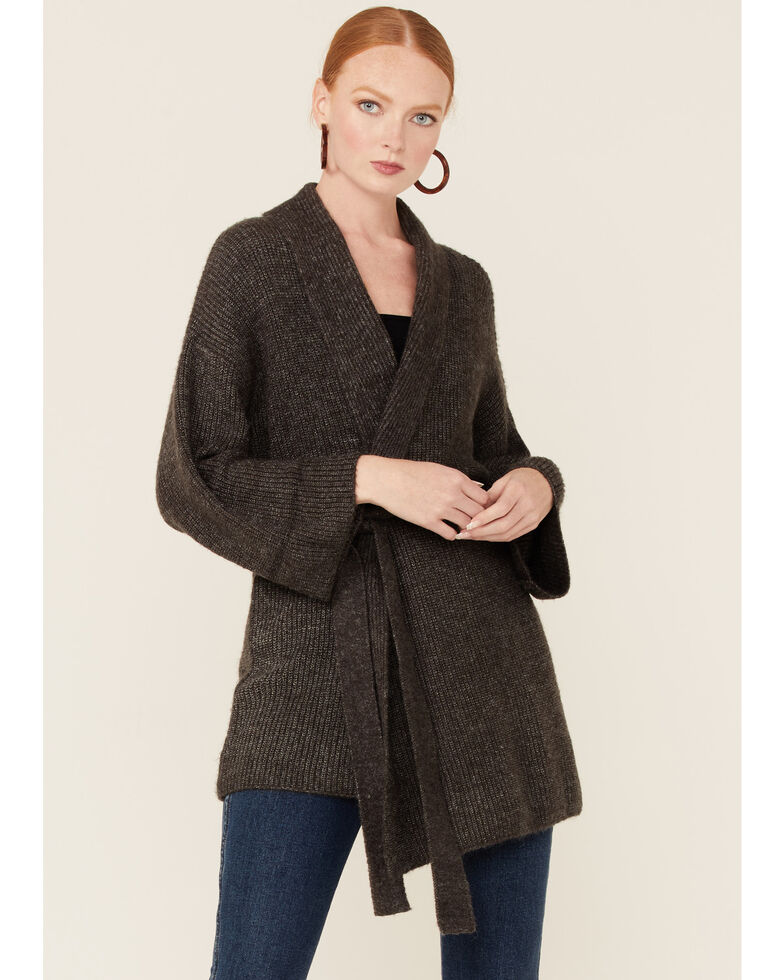 Panhandle Women's Brown Self Tie Cardigan Sweater, Charcoal, hi-res