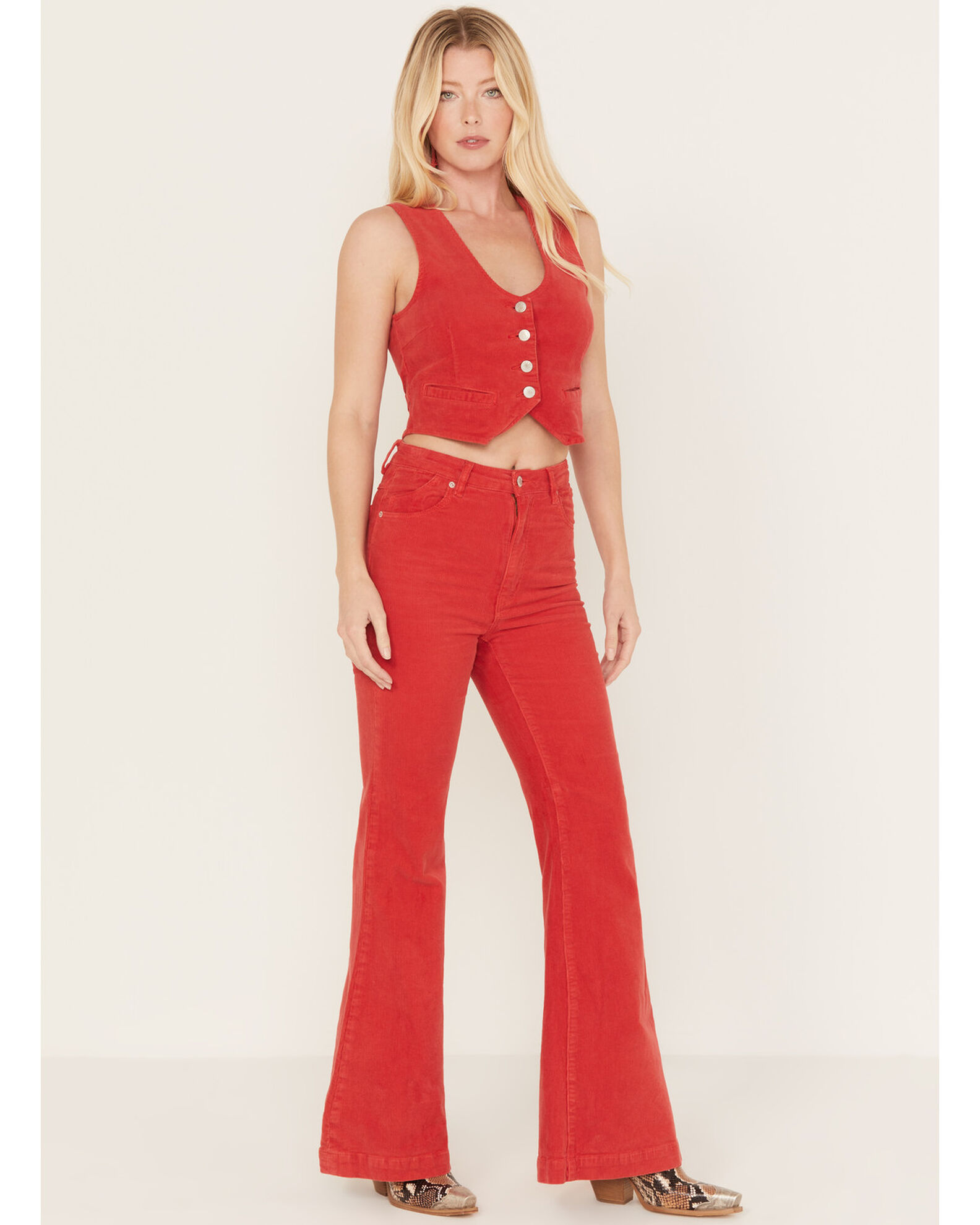 Red corduroy flare pants shop