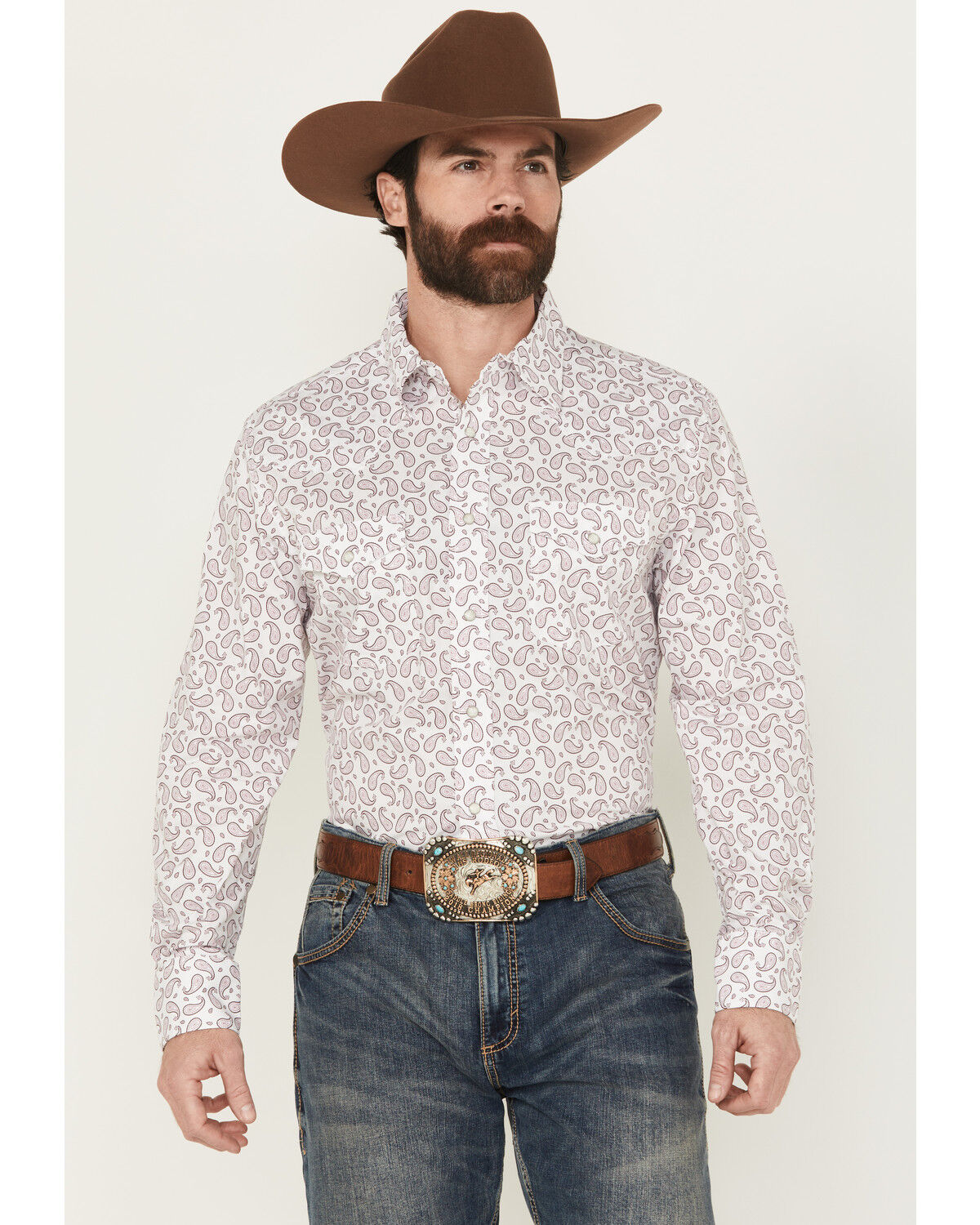 Image #1 - Wrangler Men's 20X Paisley Print Long Sleeve Snap Stretch Western Shirt - Tall, White, hi-res