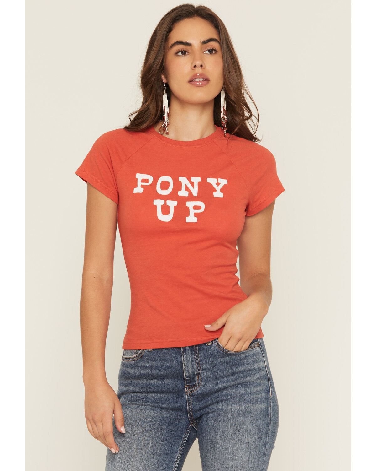 Image #1 - Wrangler Women's Pony Up Short Sleeve Fitted Tee, Red, hi-res