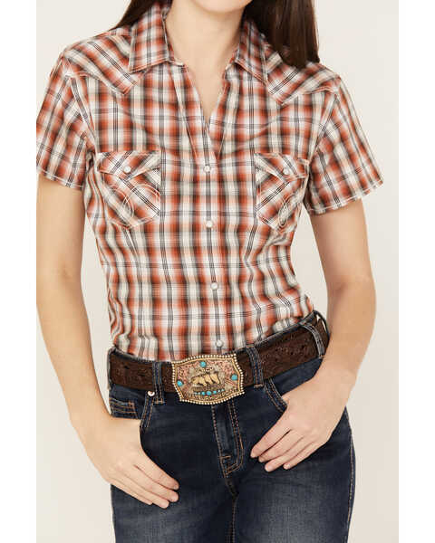 Image #3 - Rough Stock by Panhandle Women's Plaid Print Stretch Short Sleeve Western Snap Shirt, Rust Copper, hi-res