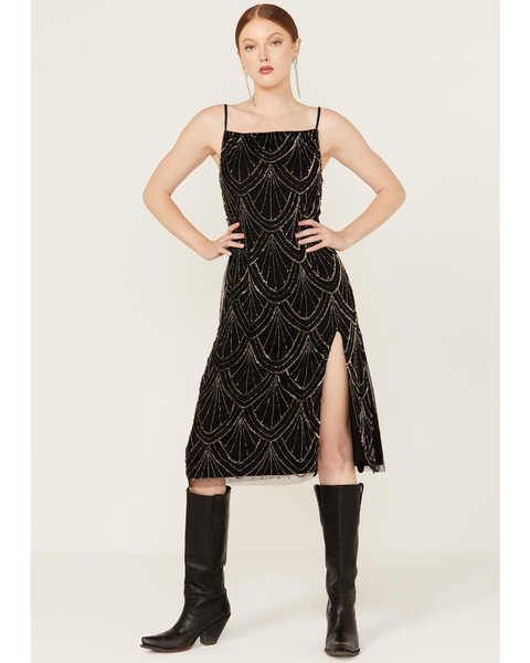 Angie Women's Beaded Side Slit Midi Dress, Black, hi-res