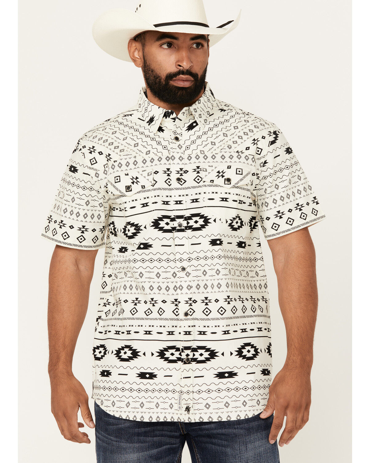 Image #1 - Moonshine Spirit Men's Dynamic Southwestern Striped Short Sleeve Snap Western Shirt, White, hi-res