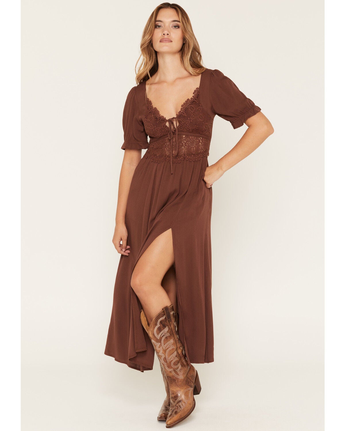 Image #1 - Rosabelle Honey Women's Crochet Front Midi Dress, Brown, hi-res