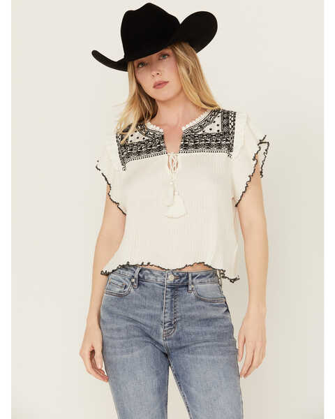 Image #2 - Free People Women's Ribbed Short Sleeve Embroidered Shirt , White, hi-res