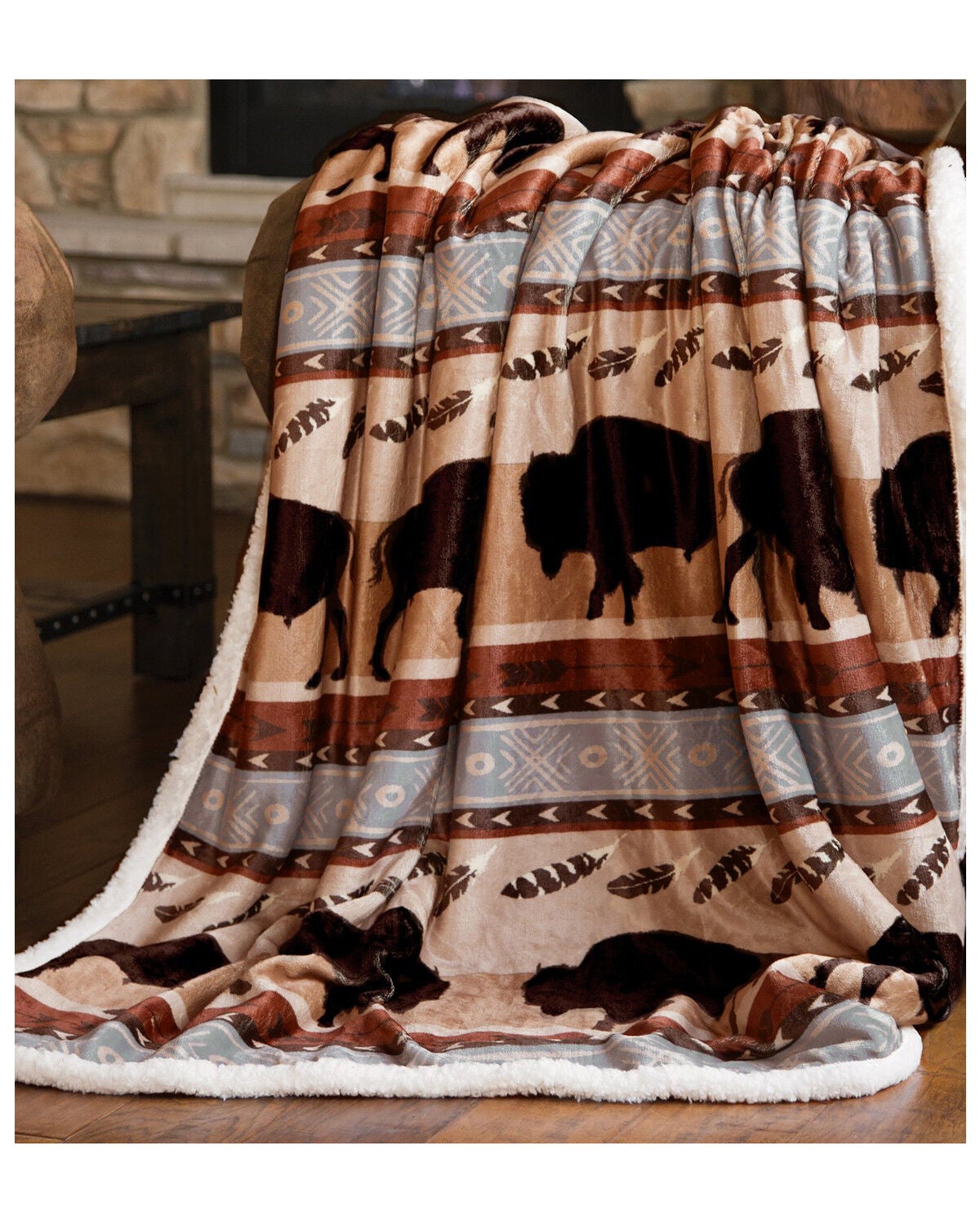 Carstens Home Wrangler Buffalo Southwestern Sherpa Fleece Throw Blanket, Blue, hi-res