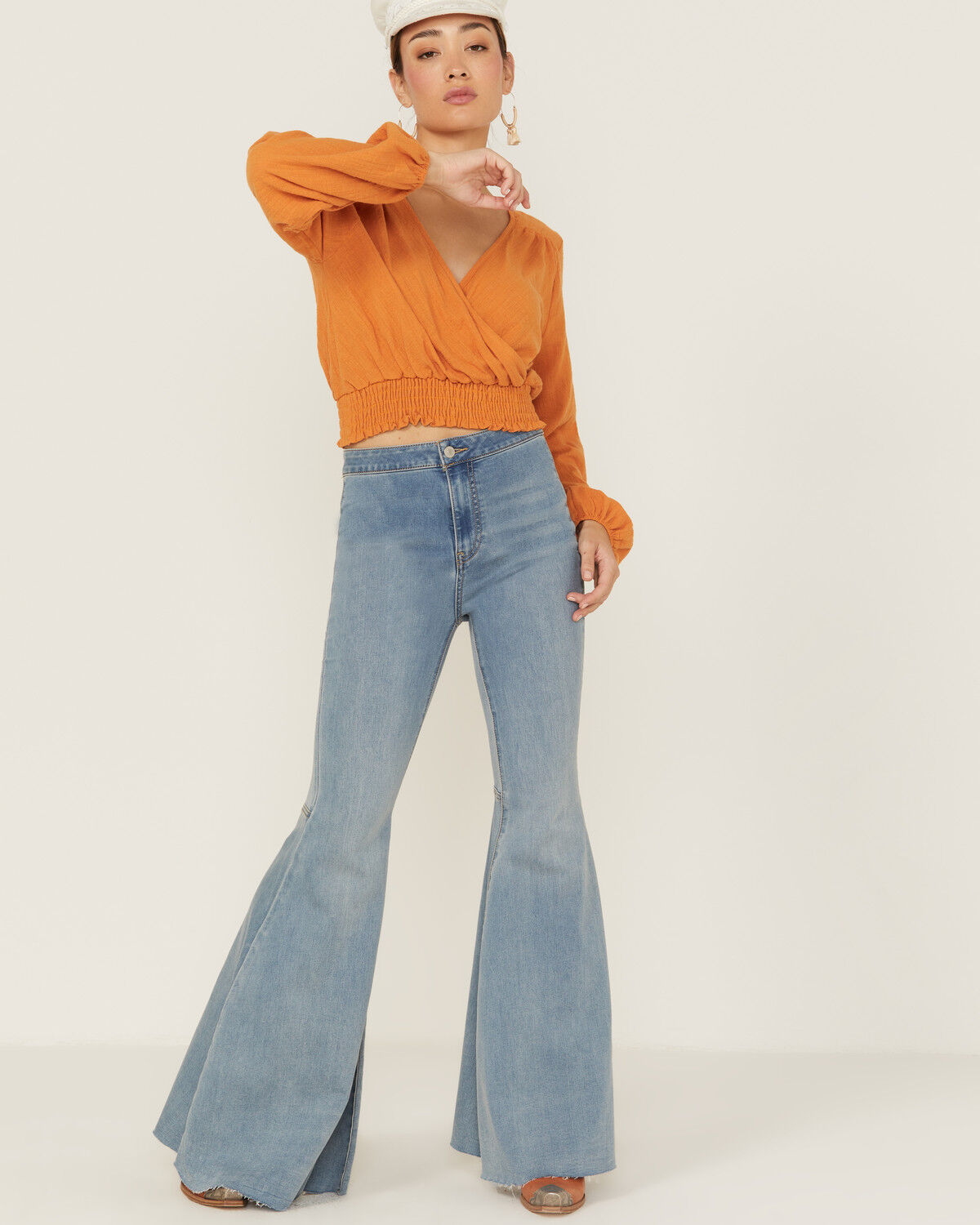 Image #4 - Saints & Hearts Women's Long Sleeve Surplice Smocked Waist Crop Top, Gold, hi-res